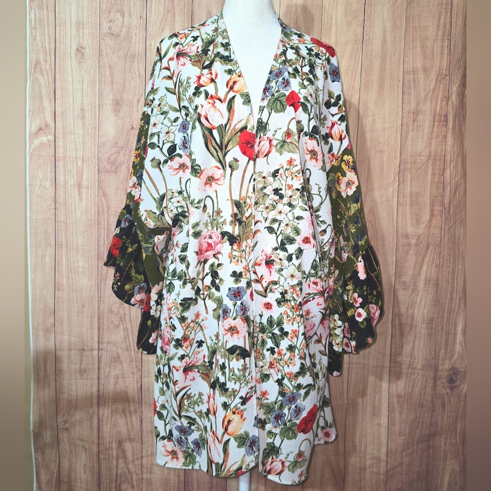 Umgee Floral Ruffle Sleeve  Long Duster Kimono Open Front  Multi-Color  Size M/L - Picture 10 of 12